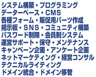 システム構築・プログラミング／データーベース・ＣＭＳ／各種フォーム・パーツ作成／掲示板・ＳＮＳ・コミュニティ構築／パスワード制限・会員制システム／運営サポート・保守・メンテナンス／キャンペーン支援／ネットマーケティング・経営コンサル／テクニカル・ライティング／ドメイン統合・ドメイン移管